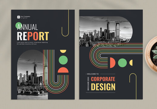 Modern A4 Annual Business Report Cover - Black Geometric Line Art Design