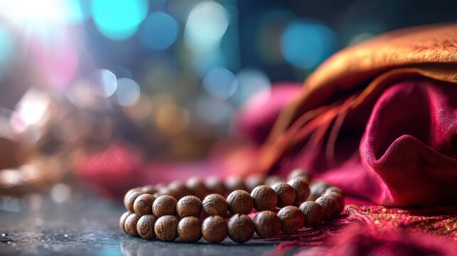Intricately Crafted Wooden Beads and Luxurious Textiles Showcase Serenity and Spirituality in a Richly Colored Setting