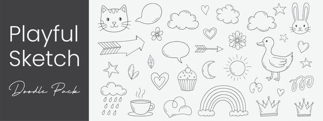 A whimsical doodle collection of cute illustrations sparks joy and creativity with playful icons and classic designs in