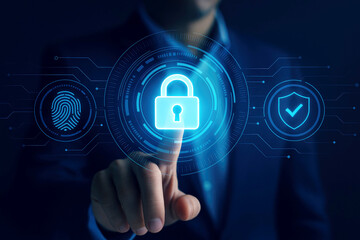 Businessman Touching Digital Padlock Icon with Fingerprint and Shield Symbols hand