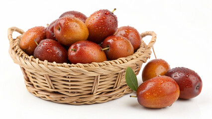 Jujubes in basket with water drop isolated in white Background