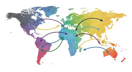 Global interconnectedness illustrated by colorful arrows mapping migration and travel routes across continents on a watercolor world map