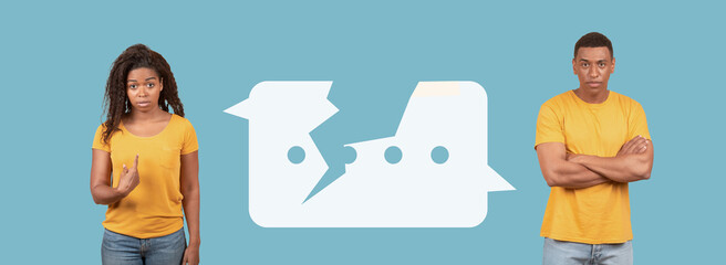 Two individuals stand against a blue background, displaying contrasting emotions. One gestures with their hand, signaling disagreement, while the other stands with crossed arms, showing frustration.