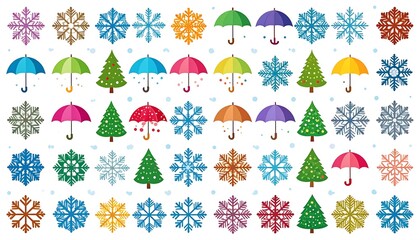 Colorful winter design with snowflakes, umbrellas, and christmas trees