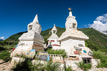 votive Mani stones, white pagodas of Puluwo, Jiaju, Danba county, Garz&ecirc; Tibetan Autonomous Prefecture, Sichuan,  China