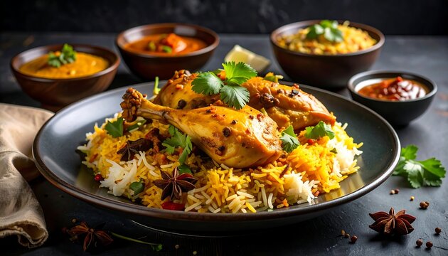 A tantalizing culinary composition showcasing a savory chicken dish served atop aromatic rice, complemented by various side bowls