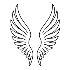 Obraz premium Feathered angel wings black outline symmetrical vector on white background