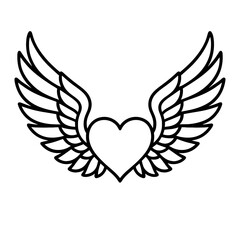 Obraz premium Outlined heart with angel wings symmetrical black vector on white background