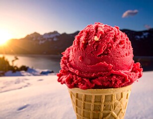 Vibrant red ice cream cone on snowy mountainside at sunset