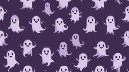 Fototapeta premium Cute and Friendly Seamless Pattern with Various Cartoon Ghosts and Playful Spooks on a Dark Purple Background for Halloween Fabric, Wallpaper, and Background Design