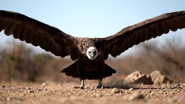 Vulture soars above rocky landscape with wings extended gracefully. Clear blue sky and arid ground enhance natural beauty. Concept of wildlife conservation, avian study, outdoor exploration