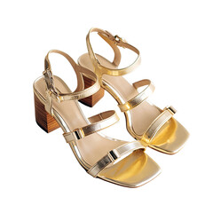 Pair of gold heeled sandals with leather straps