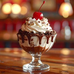Delicious Chocolate Sundae Day Treat with Cherry and Whipped Cream - A Perfect Dessert