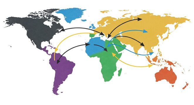 Global Migration Patterns Illustrated with Arrows Connecting Continents on a World Map