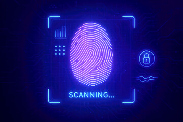 Digital fingerprint scanning interface with neon blue and purple glowing lines and lock icon technology