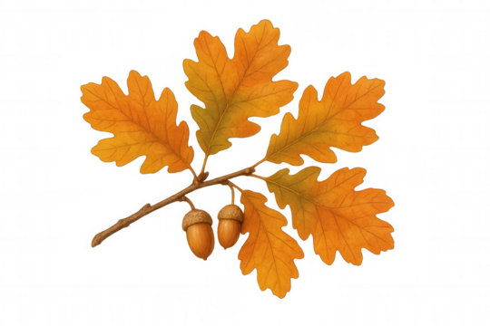 Autumn oak branch with falling leaves and acorns, symbolizing seasonal change and nature's bounty on transparent background
