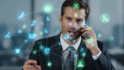 A businessman in a suit holds a smartphone, speaking into the smartphone with focus. The businessman is assisted by holographic graphics floating around the businessman. - Powered by Adobe