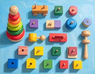 Colorful wooden educational toys arranged on a blue surface, top view