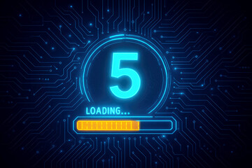 Digital Loading Bar with Number 5 and Circuit Board Pattern Background progress five