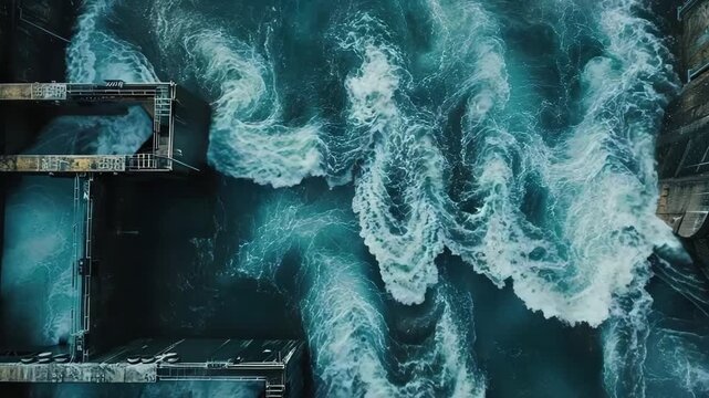 Big hydroelectric power energy plant with large turbines and water spills