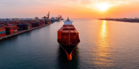 Obraz premium large cargo ship navigates calm waters at sunset, surrounded by shipping containers and port infrastructure, reflecting the beauty of maritime transport.