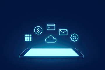 Digital Mobile Device Displaying Glowing Neon Icons for APPs and Services smartphone tablet