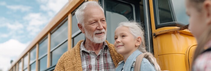Grandfather joyfully greeting his granddaughter after school, showcasing a loving multigenerational bond and the warmth of family life