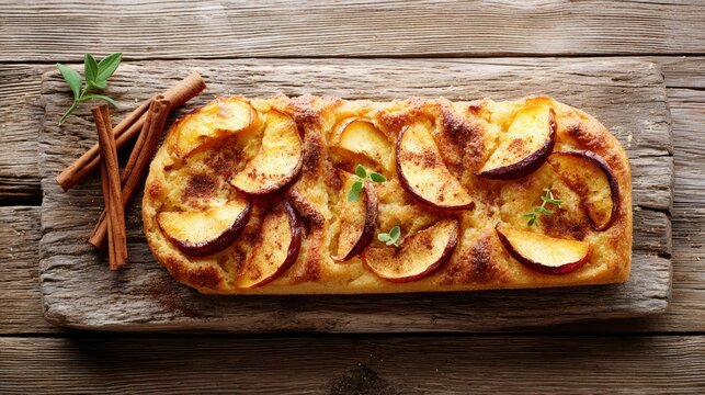 Delicious focaccia bread topped with caramelized apple slices rests on a rustic wooden surface, perfect for autumn celebrations