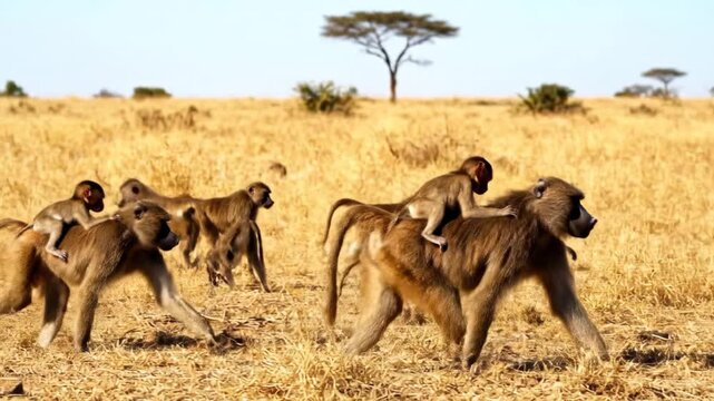 Baboons trek across golden savanna with young baboons climbing on adults. Natural habitat showcases vibrancy of wildlife. Concept of wildlife observation, nature tourism, animal behavior