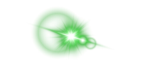 Realistic Green Glowing Flash with Rays and Circular Optical Halo on Transparent Background