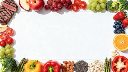 グリルステーキと新鮮な野菜・果物が囲む、ヘルシーライフスタイルの白いフレーム