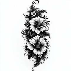 Exotic hibiscus floral tattoo design, intricate black and white, tropical nature art, with copy space © Sergei