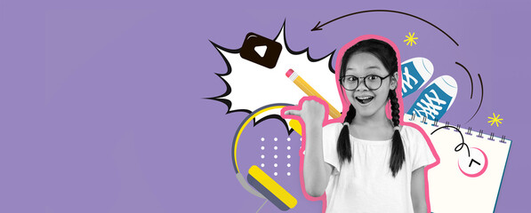 Fototapeta premium Bright and colorful collage featuring a joyful girl with glasses, holding a pencil.