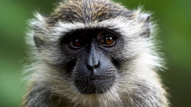 Monkey looking at camera with expressive eyes, showcasing curiosity and intelligence. Set in vibrant greenery suggesting natural habitat. Concept of wildlife, animal behavior, nature conservation