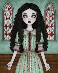 Teacher Halloween Concept, Halloween teacher at school looks spooky wearing dress in vintage setting evoking unsettling mood