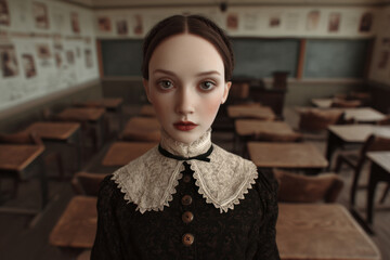 Teacher Halloween Concept, Teacher is in school for halloween and look serious in classroom. It is scary day for her