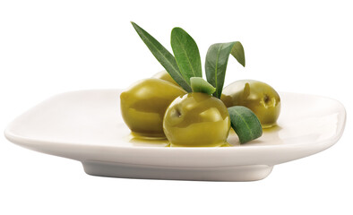 prato com azeitona verde e folhas de oliveira isolado em fundo transparente