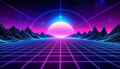 Retro-Futuristic Synthwave Sunset with Neon Grid and Wireframe Mountains