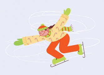 Girl skating on ice wearing yellow sweater with candy canes, orange pants, green hat, scarf and gloves. Winter outdoor activity with motion and joy. Vector illustration for festive card, poster