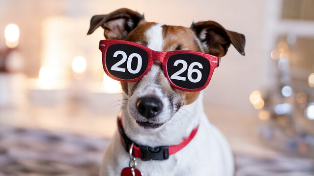 Funny Jack Russell Terrier Dog Wearing Red 2026 Sunglasses Indoors, Cute Pet Portrait for New Year Celebration, Festive Animal Photography with Warm Bokeh Lights and Holiday Party Atmosphere