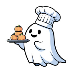 Cartoon ghost wearing a chef's hat, holding a tray with three stacked pumpkins, smiling.