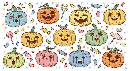 An array of colorful cartoon pumpkins with carved faces, surrounded by various candies and lollipops, creating a festive Halloween pattern.