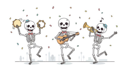 A festive band of three cartoon skeletons playing music, dancing, and celebrating with confetti.