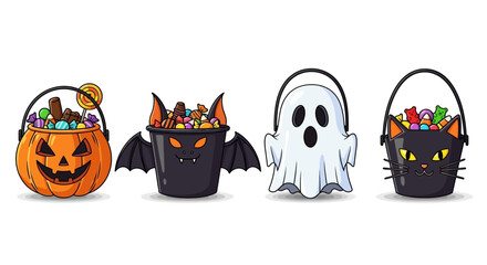 Four festive Halloween candy buckets, including a jack-o'-lantern, bat, ghost, and black cat, overflowing with colorful assorted sweets and treats.