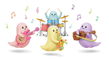 Adorable Ghosts Playing Music A whimsical band of ghosts making melodies