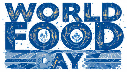 World food day banner with blue text and wheat stalks isolated on white background