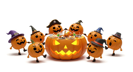Cheerful pumpkin characters in costumes celebrate a Halloween party around a glowing jack-o'-lantern table.