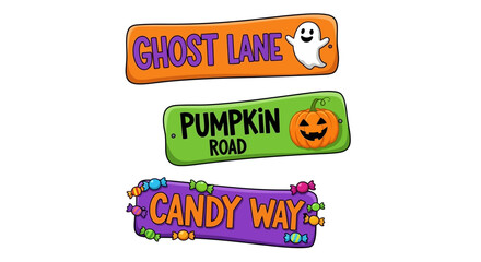 Vibrant collection of cheerful cartoon street signs featuring spooky ghosts, playful pumpkins, and an assortment of sweet candies, perfect for autumn holidays and festive event designs