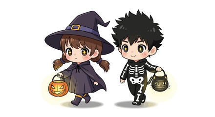 Adorable chibi children in Halloween costumes, a witch and a skeleton, enjoying the festive fun of trick-or-treating together