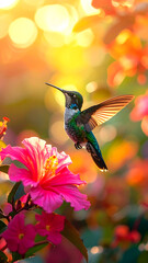 Naklejka premium Hummingbird's Floral Dance: A hummingbird, its iridescent feathers gleaming, hovers mid-air near a vibrant hibiscus, painting a scene of exquisite beauty with the morning light